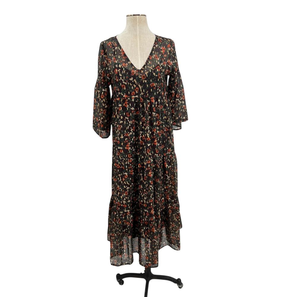 Natural Life Floral Print Midi Dress Kimono Sleeve Brown Red‎ Size Small